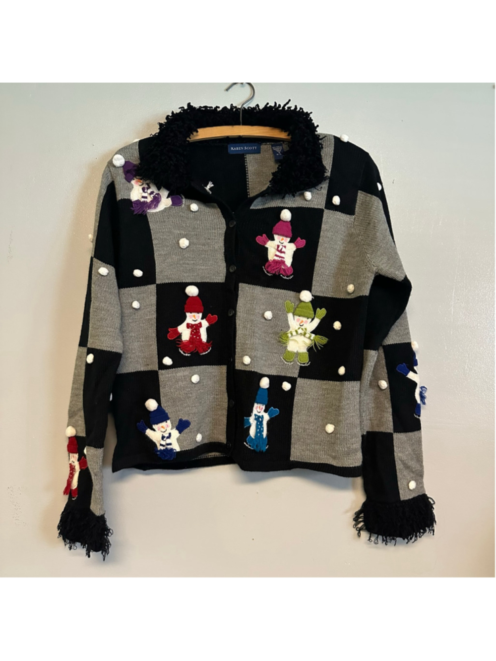 Karen Scott Cardigan Sweater Size Small Black Grey Snowman Pattern Christmas